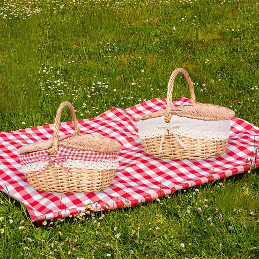 

Handmade Wicker Picnic Basket with Handle Picnic Willow Woven Fruit Basket Picnic Hamper Camping Container Storage outdoor H6D5