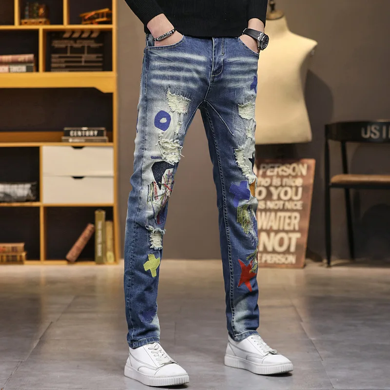 Wholesale 2022 Teenager Men's Embroidery Patch Ripped Autumn Jeans Men's Korean Small Feet Slim Casual Pants Beggar Pencil Jeans