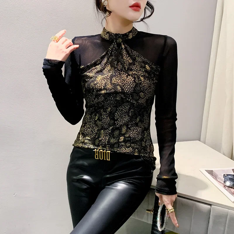 Новая весенне-осенняя женская футболка с половиной поло/черепаховым воротником