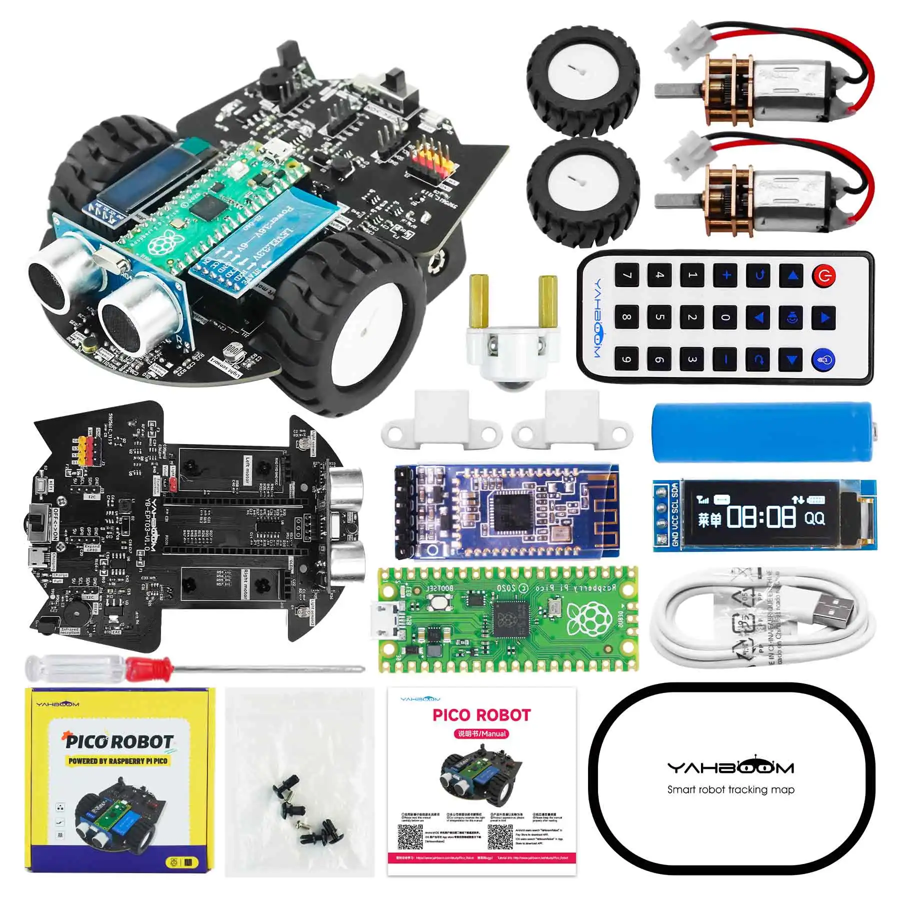 Yahboom Raspberry Pi Pico Robot Car Kit Open Source MicroPython Programming Support APP Control Tracking Include Battery