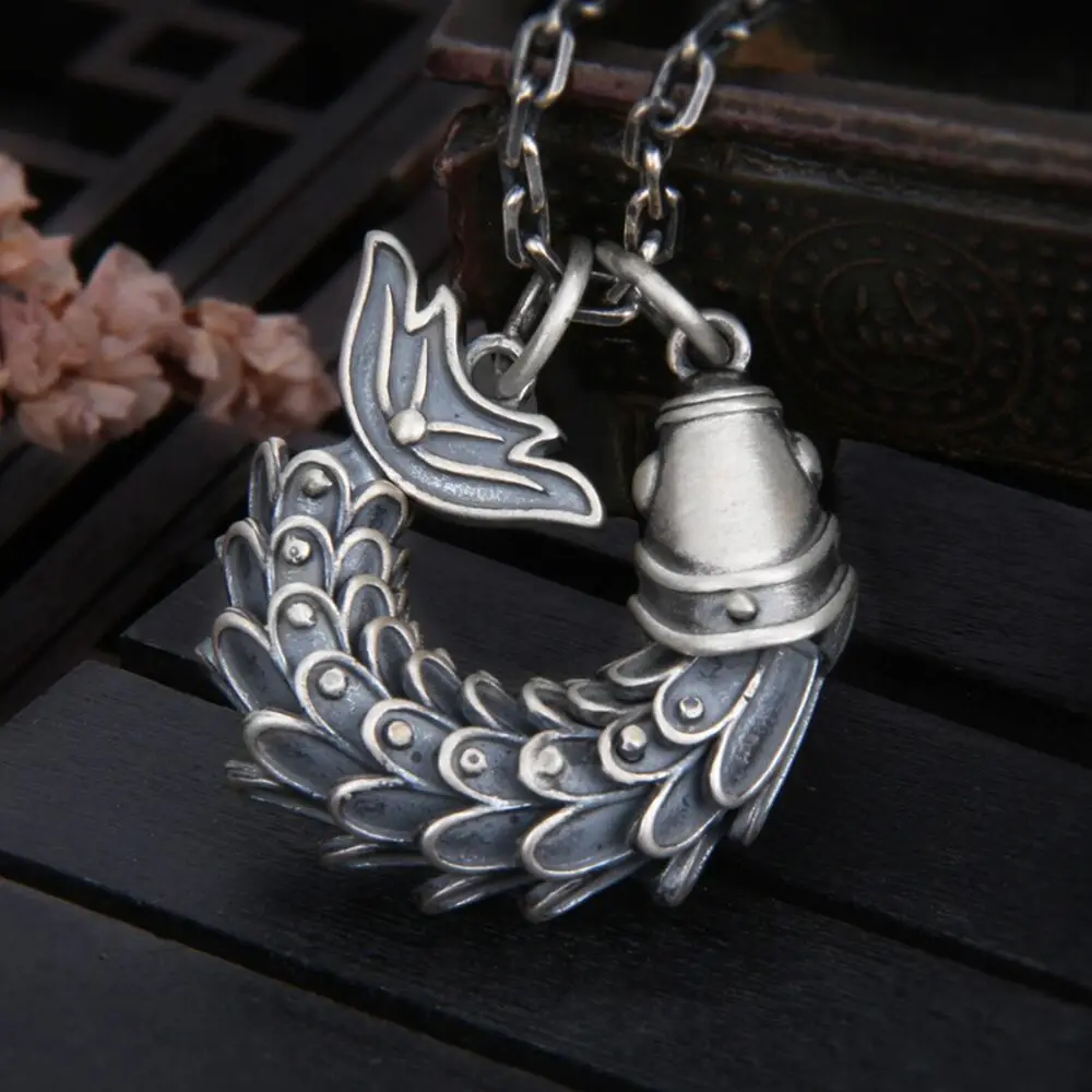 

Pure S925 Sterling Silver Pendant Men Women Lucky Gift Retro Fish Pendant 22g