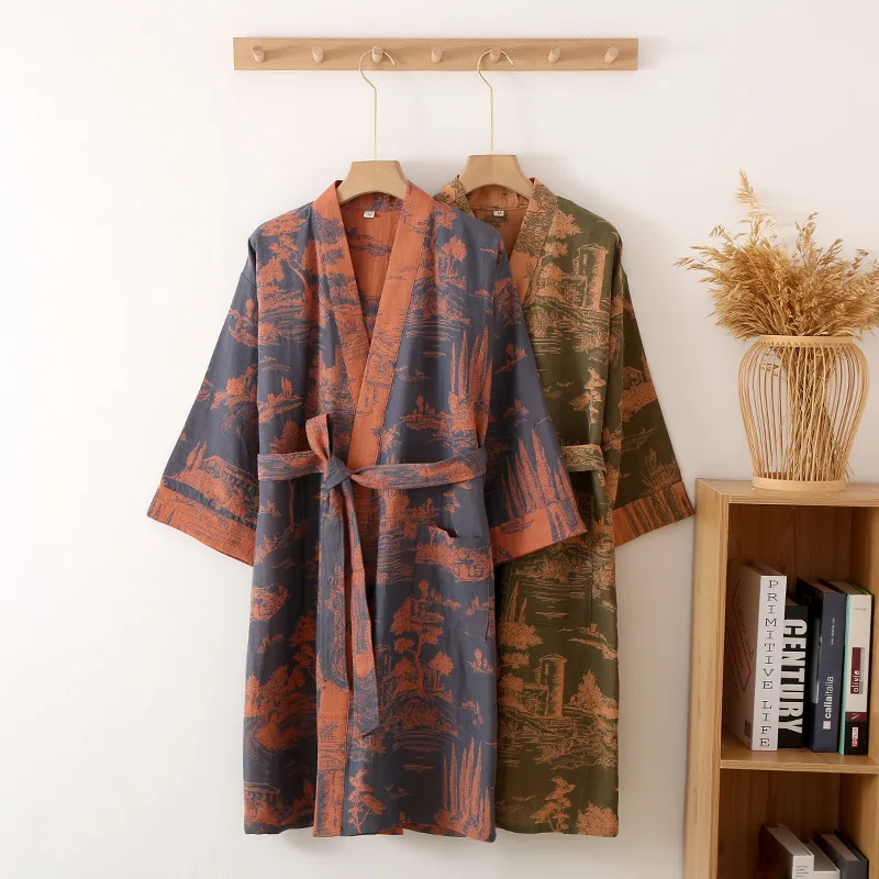 

Three Kimono Sleeve Robes And Pajamas Spring Printed Bathrobe Men's Cotton Quarter Bath Long Robe Style Summer With For Belt