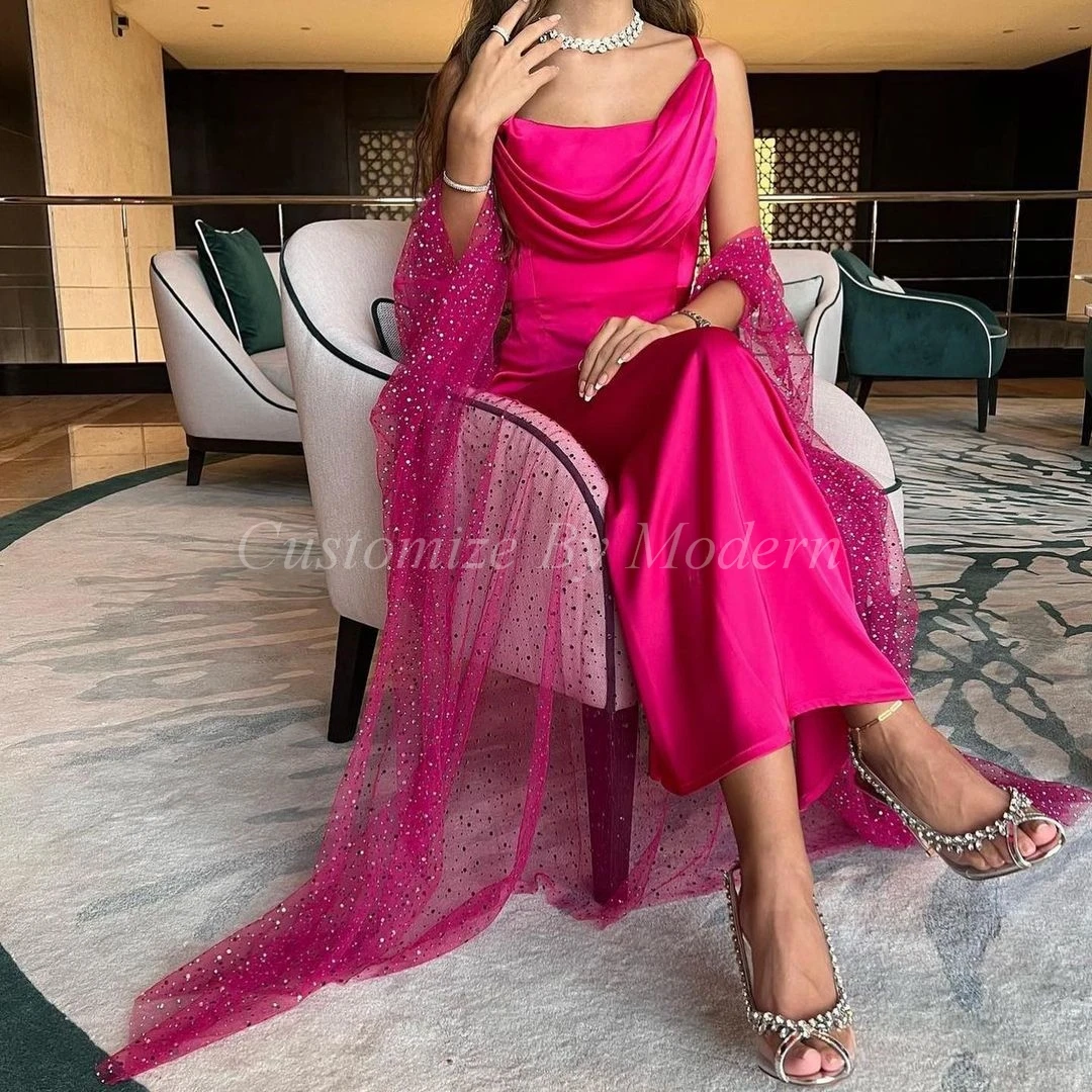 

Fuchsia Satin Sequins Long Prom Dresses Spaghetti Straps Ankle Length Saudi Arabia Women Evening Party Dress
