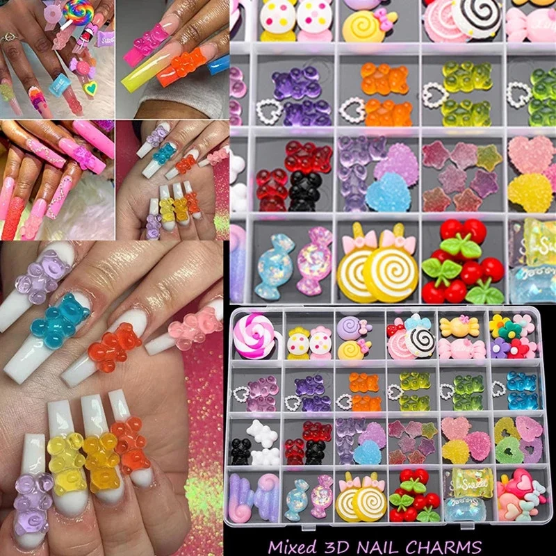 

30pcs Mix Resin Acrylic Nail Art Rhinestones Decoration 3D Gummy Jelly Bear Series Nail Cartoon Charms DIY Kawaii Nail Accessory