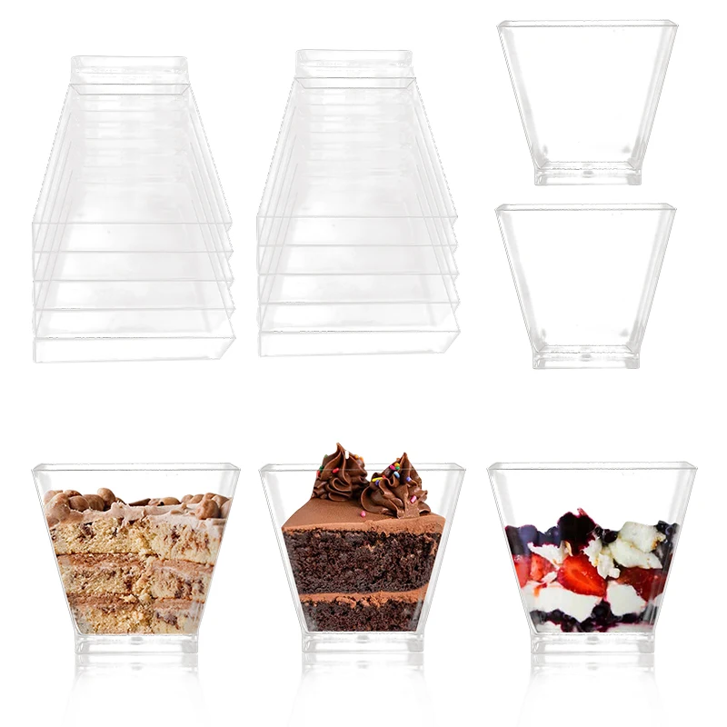 

25pcs 60ML Disposable Plastic Dessert Cups Cake Ice Cream Cup Home Wedding Party SuppliesTransparent Trapezoidal Food Container