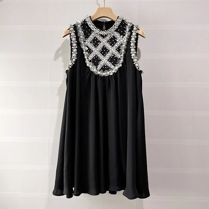 

Runway Women Diamond Beading Loose Mini Dress Chiffon Black Sleeveless Party Luxury Dresses 2023 Fall Summer Female Brand New