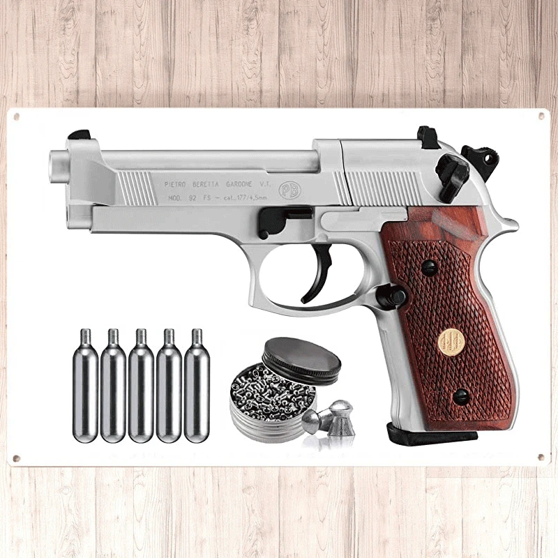 

2022 New Beretta M92FS Air with 5x12 CO2 Tanks and Pack of 500ct Lead Pellets Bundle (Nickel/Wood+Accessories) Wall tin