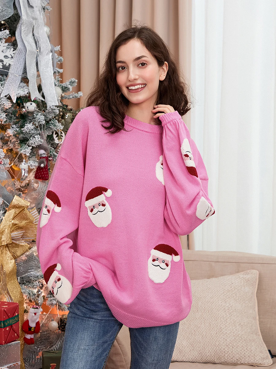 Новый модный женский рождественский свободный свитер с вышивкой Санта-Клауса