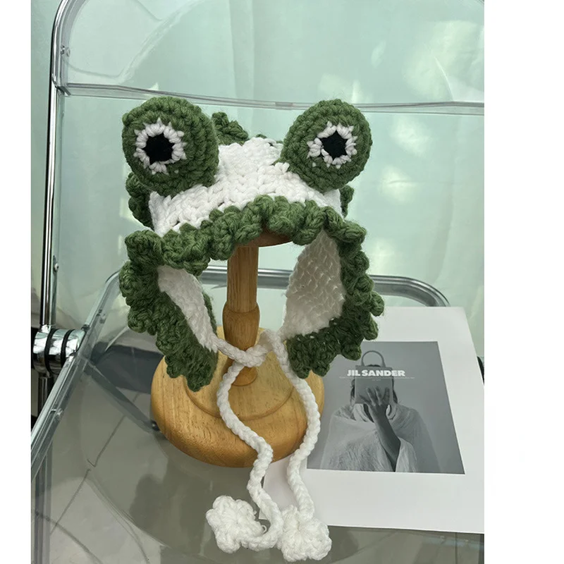 

Korean Sweet Little Frog Lace Knitted Hairband Women Handmade Headband Fashion Skullies Beanies Costume Accessory Gifts Bonnet