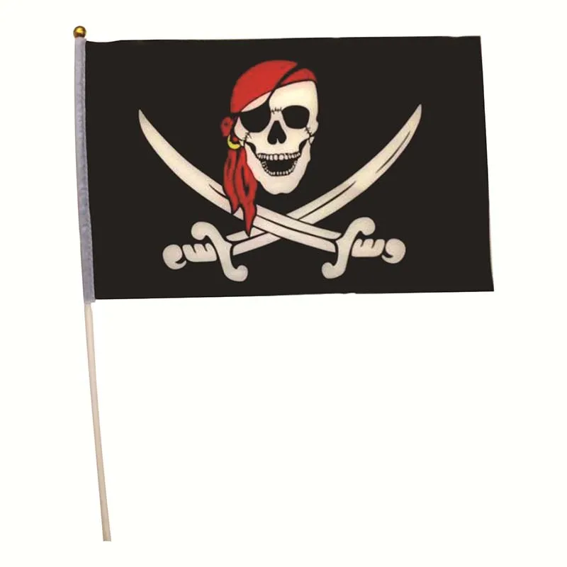 

10Pcs Pirate Flag Banner Corsair Skull Cross-Bones Halloween Hand Held Small Stick Decoration 14x21CM Polyester Plastic Flagpole