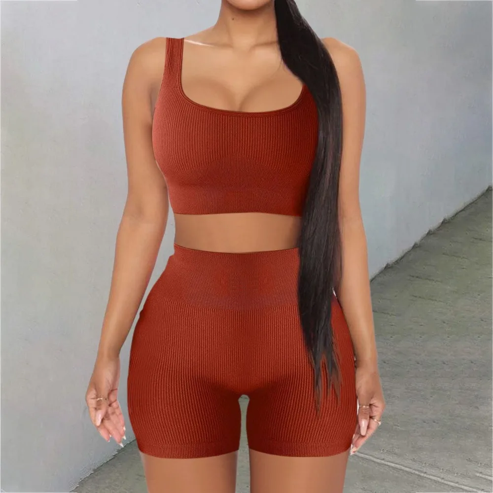 Two-piece Set Ins Seamless Knitting Sexy Gym Sport Workout Running Sports Short Bra Yoga Suit Tracksuit U-neck Fitness