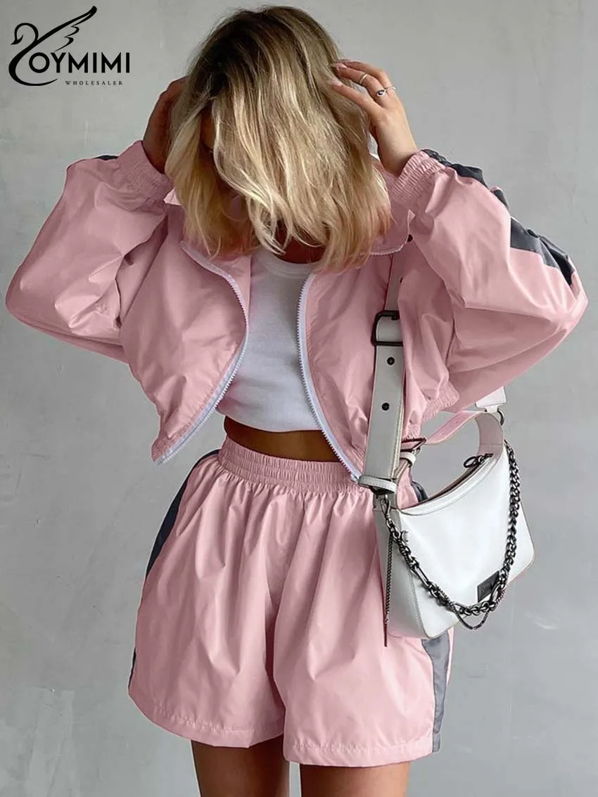 

Oymimi Fashion Pink Patchwork Two Piece Set For Women Elegant Long Sleeve Zipper Sweatshirt And High Waist Shorts Set Streetwear