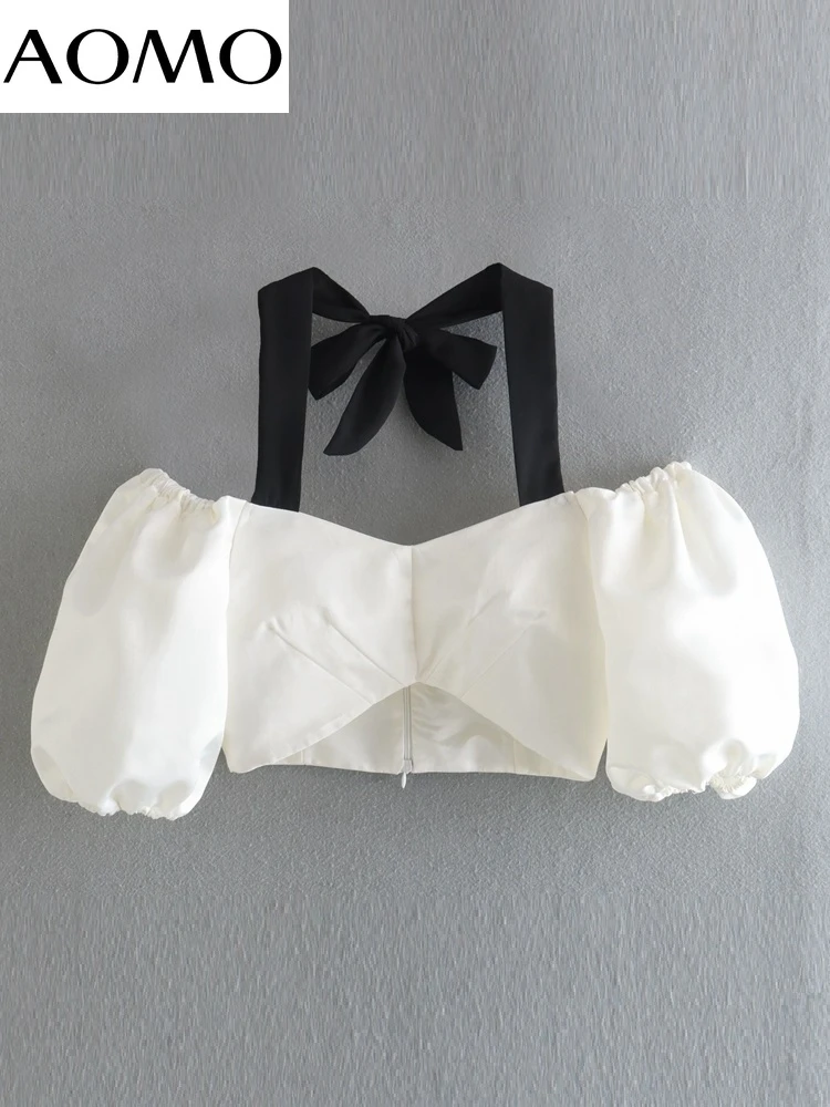 

AOMO Women Retro White Patchwork Crop Blouse Shirt Puff Short Sleeve 2022 Chic Female Shirt Tops XN34A