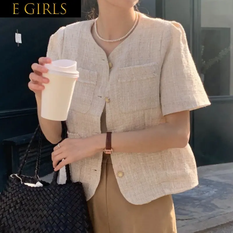 

E GIRLS Women Tops South Korea Chic Summer Age-reducing Retro Niche Tweed Small Fragrance Short Coat Jacket Woman Clothing