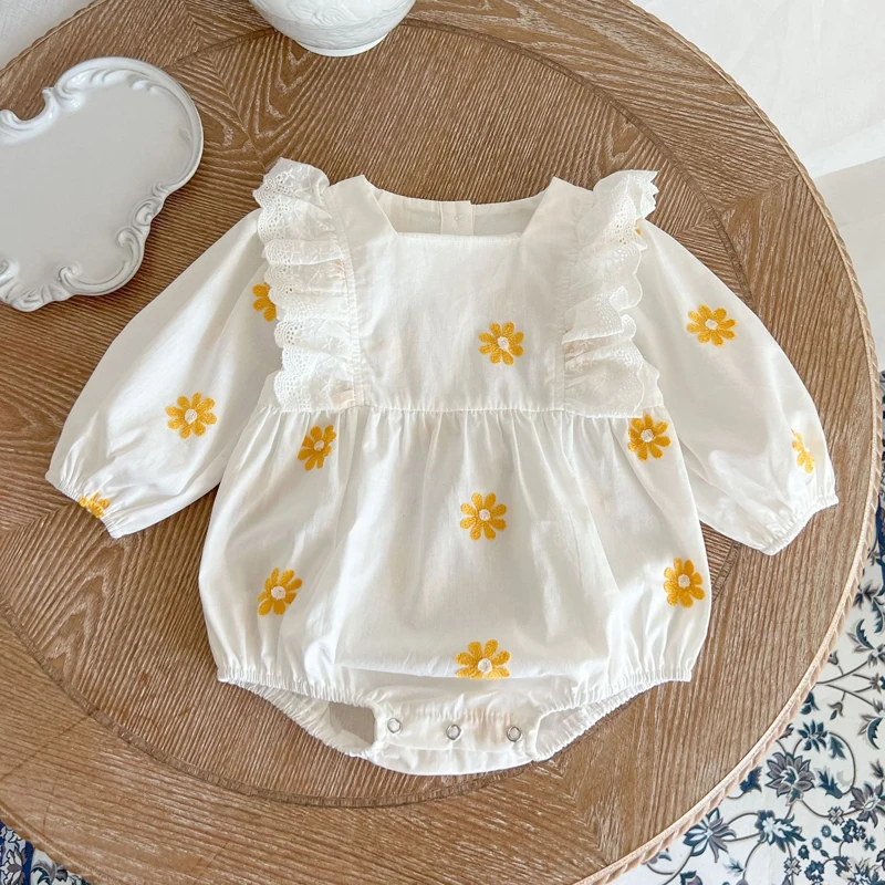 

New Baby Girl Romper Embroidery Daisy Newborn Jumpsuits Cotton Princess Autumn Infant Onesie Toddler Clothes Kids Clothing