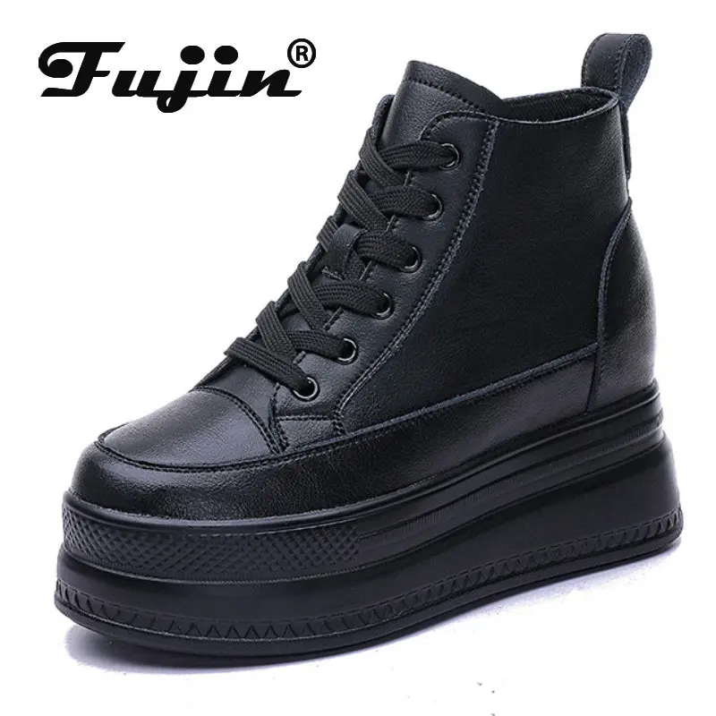 

Fujin 9cm Cow Genuine Leather Platform Autumn Winter Spring Mid Calf Motorcycle Boots Hidden Heel Women Plush Warm Females Shoes
