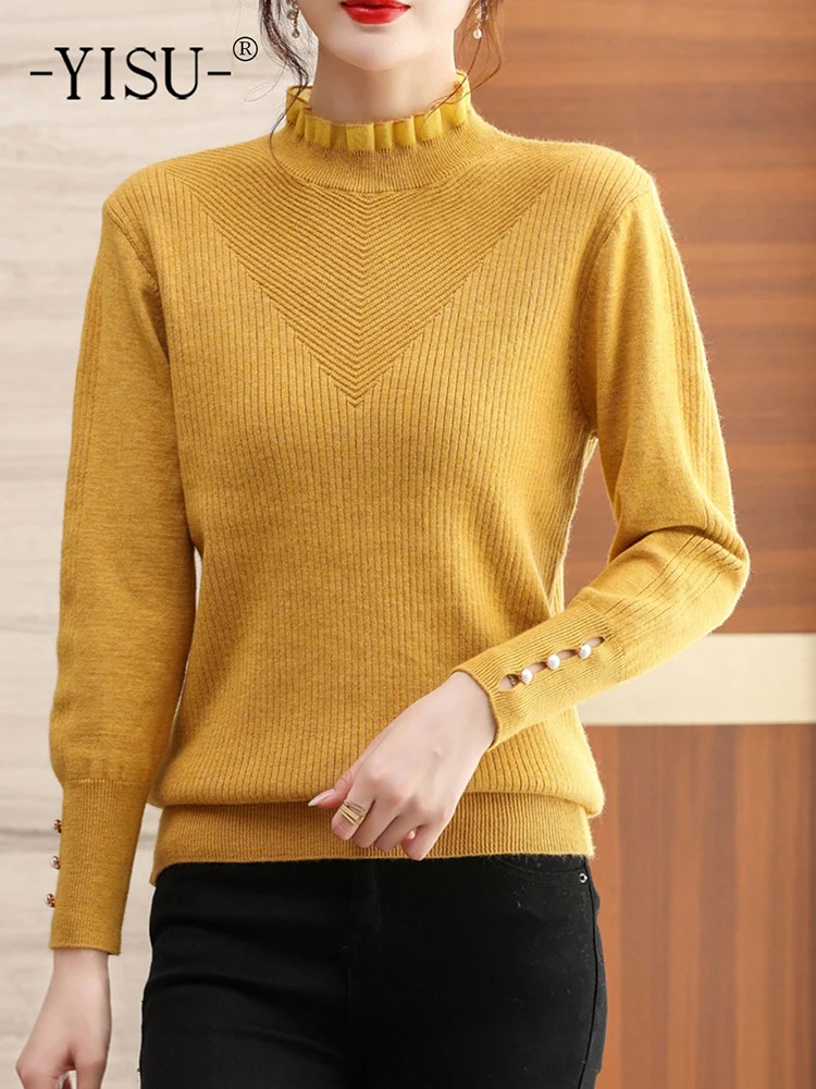 

YISU New Sweater Women Half a turtleneck Knitted pullove Long sleeve Solid color Casual Loose Autumn winter Women clothing