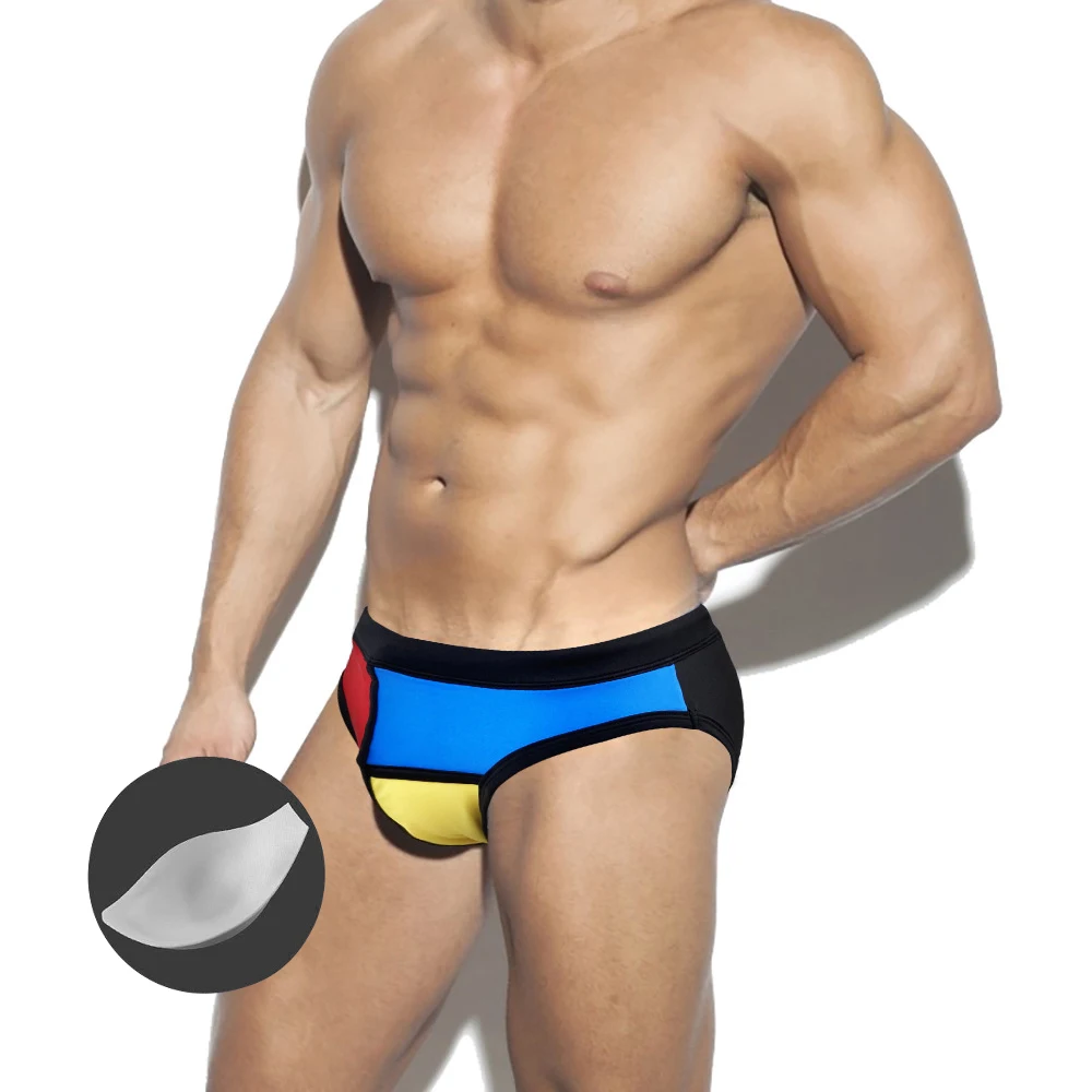 

With Push Pad Men's Swimming Trunks European American Fashion Sexy Stitching Triangle Shorts Summer Beach Surf Quick Dry Bikinis