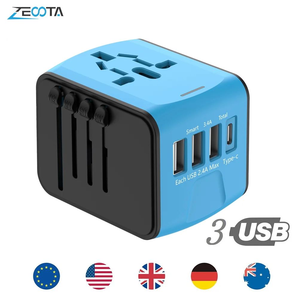 

Travel Adapter Universal Power Plug UK EU AU US Sockets International 3 USB Port One Type-C Wall Charger for Worldwide Adaptor
