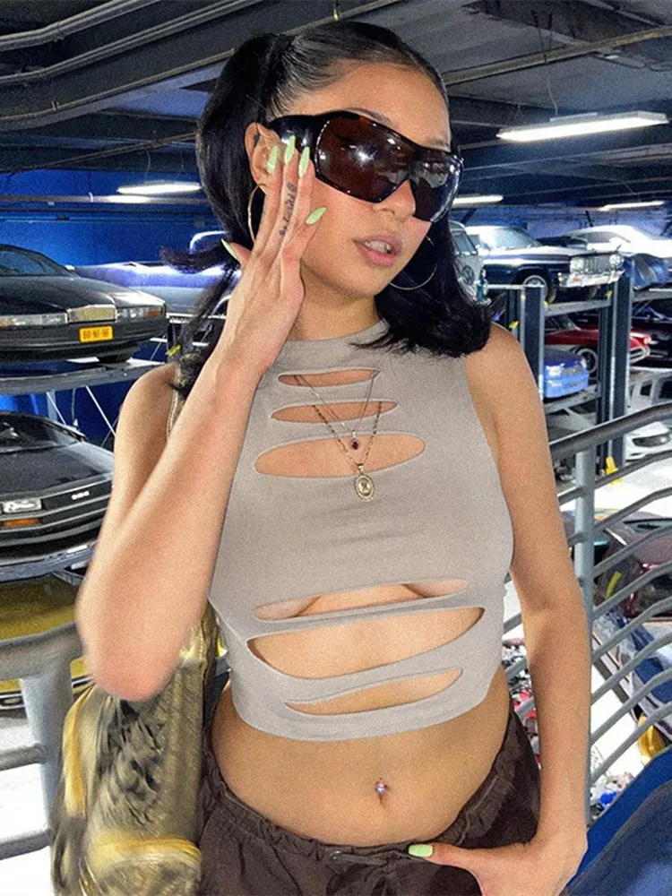 

Hot 2022 Hollow Out Women Crop Top Y2K Green Sleeveless Summer New Tank Tops Sexy Casual Basic Black Cami Vintage