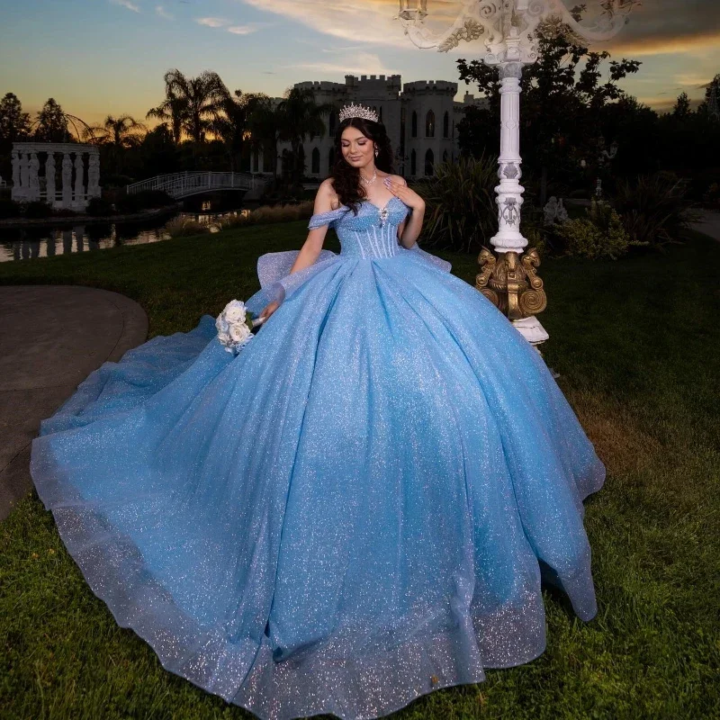 Роскошное небесно-голубое бальное платье 15-летних платьев Quinceanera праздничное