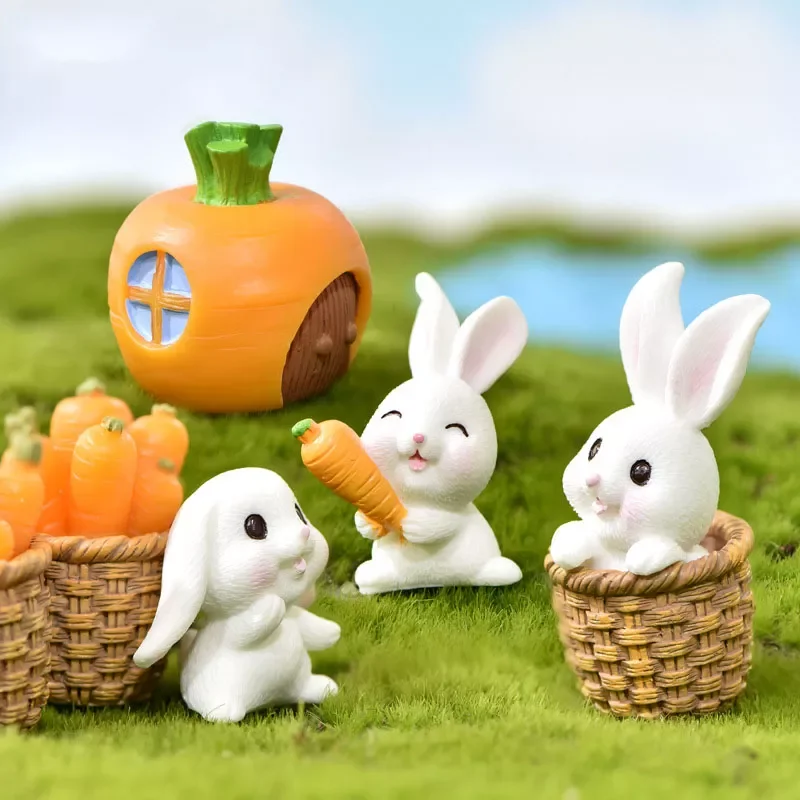

4pcs/set Rabbit Model Cartoon Animal Figurine Dollhouse Miniature Fairy Home Garden Decoration Resin Mold Easter Desktop Craft