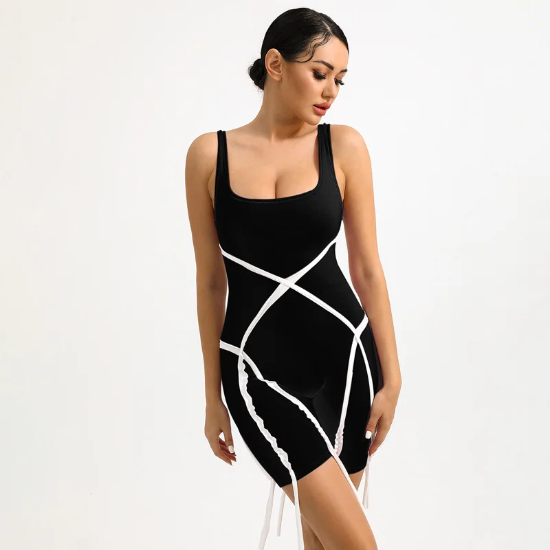 

2022 Women's New Fashion Sexy Sleeveless Tight Tassel Ribbon Biker Cotton Shorts Conjoined Pants Women Summer Clothing Jumpsuit