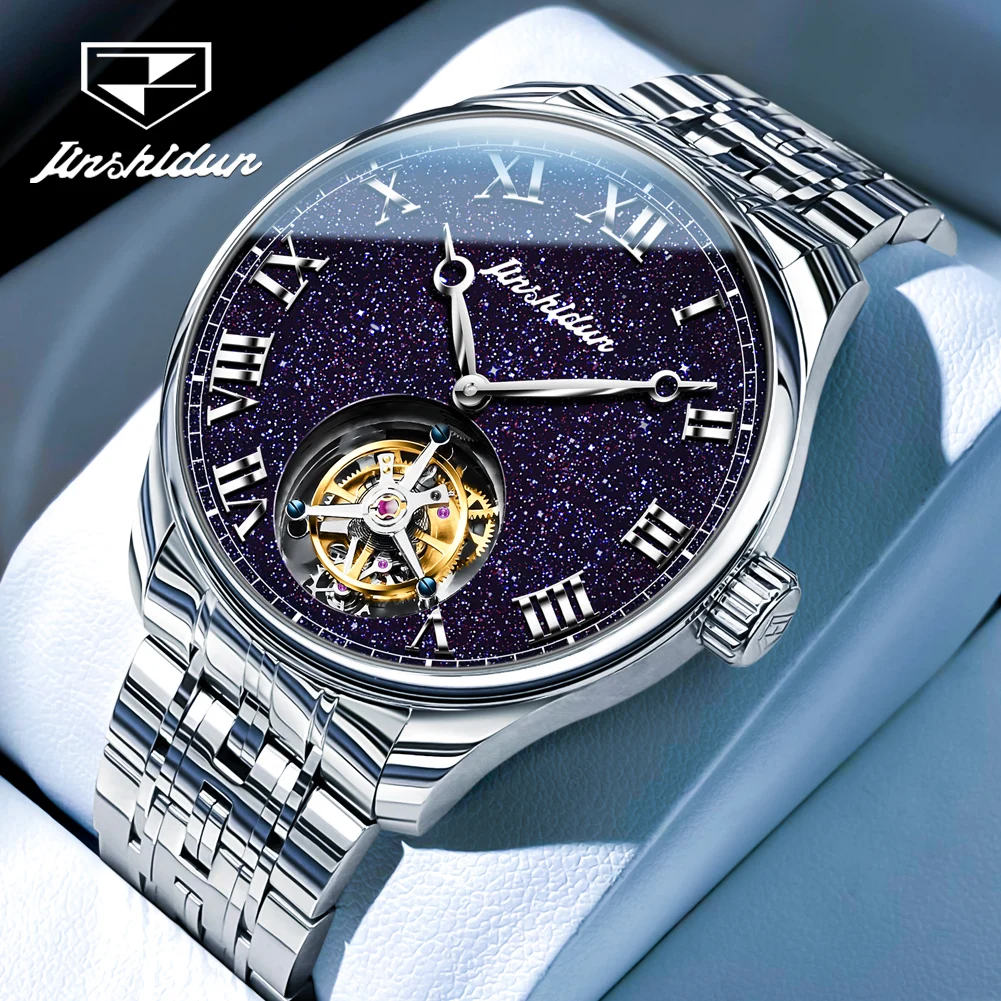 Фото Мужские часы JINSHIDUN Real Tourbillon, автоматические механические часы лимитированной серии для мужчин, роскошные модные мужские часы с эффектом звездного неба №4