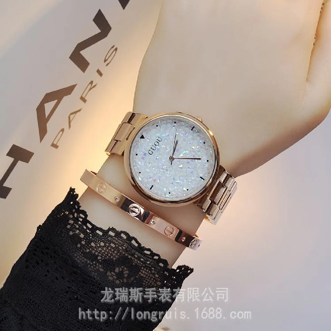 GUOU Brand Quartz Water Resistant Women Man Unisex Full Stainless Steel Bracelet Fashion Personality Babysbreath Diamond Watches enlarge