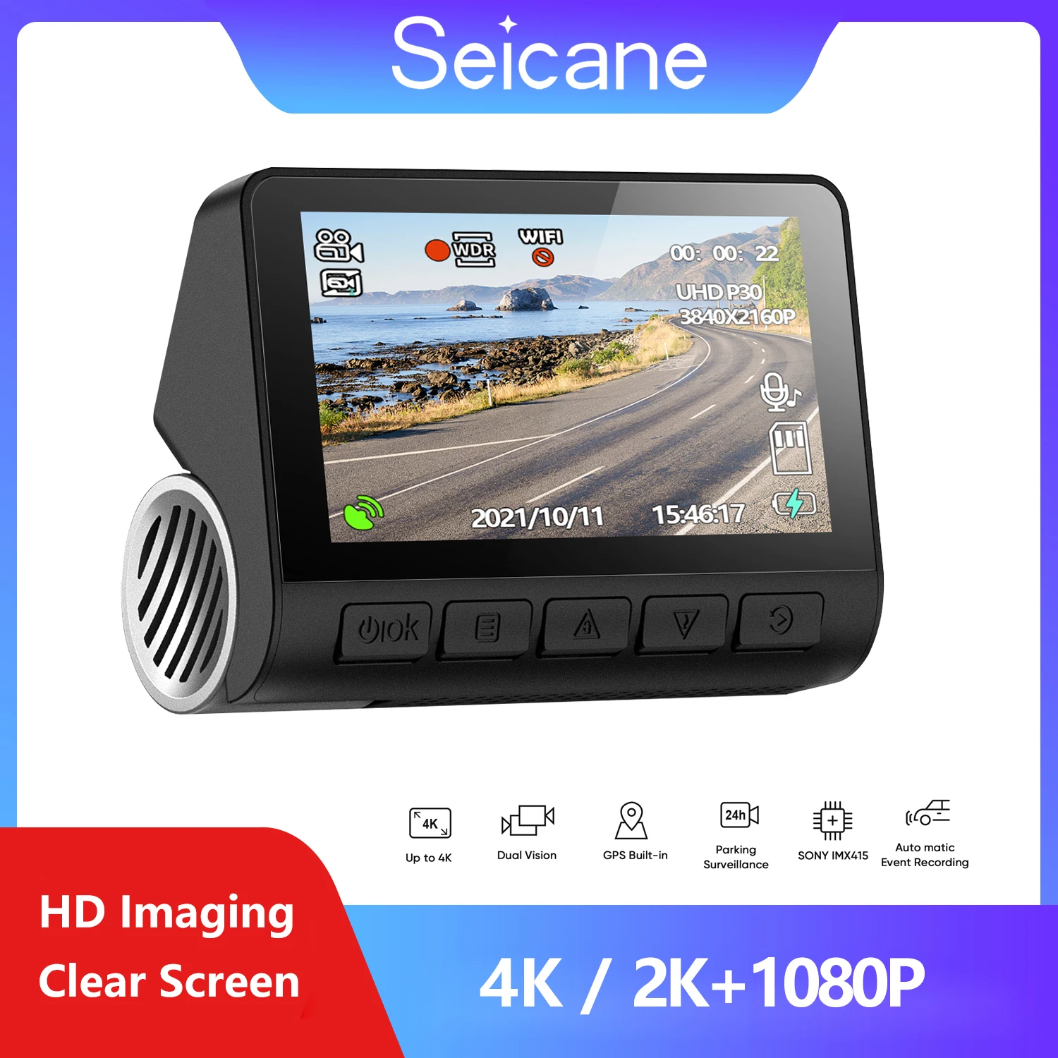 

Видеорегистратор Seicane 4K UHD, записывающая автомобильная камера, видеорегистратор с ночным видением, встроенным GPS, камера 170 °, Автомобильный видеорегистратор, 24-часовой монитор парковки, фронтальная камера