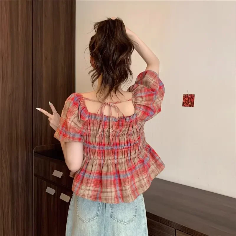 Винтажная клетчатая рубашка с коротким рукавом Стильная Милая острая девушка