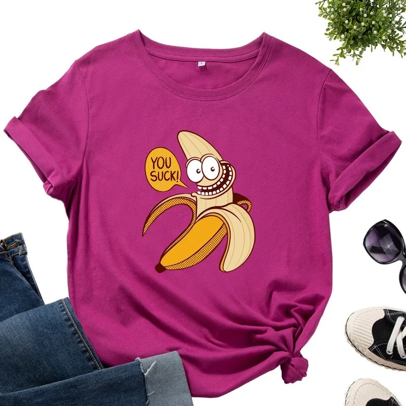

Women Casual Short Sleeve Summer Regular Graphic T-shirt Banana Print Female Funny Daily Fashion Streetwear Round Neck Tees Tops