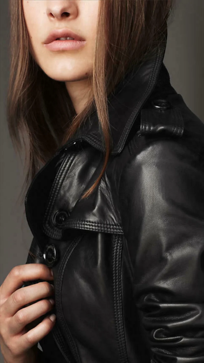 Women Black Leather Jacket Genuine Real Leather Knee Length Trench Coat