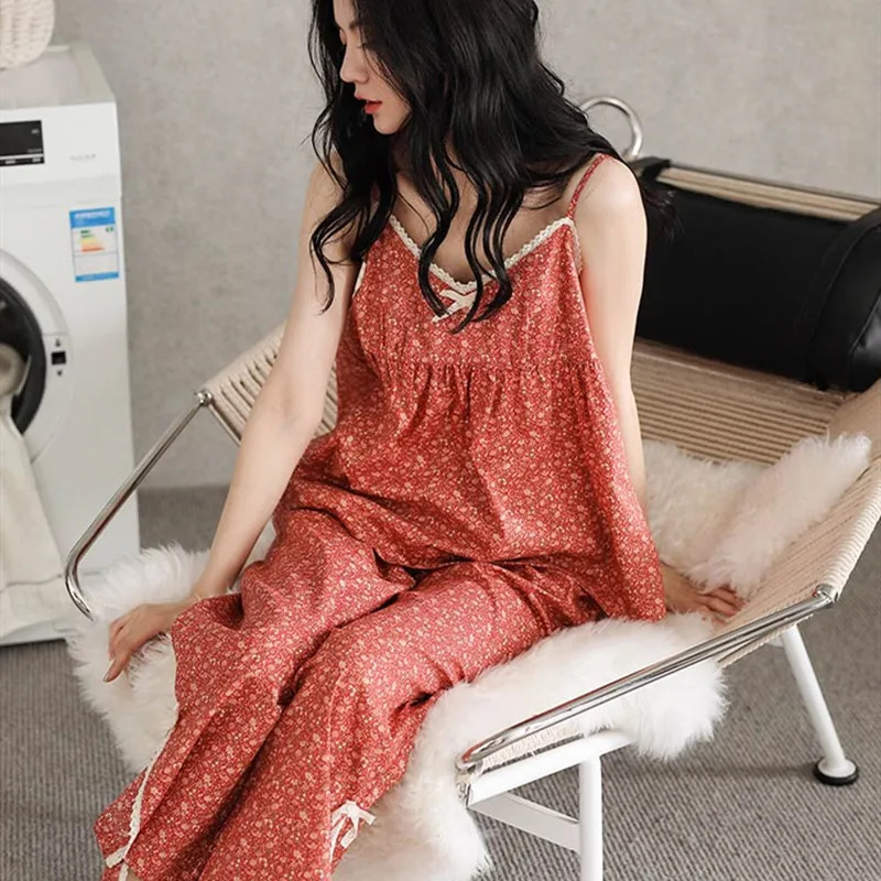 Yasuk Spring Summer Fashion Women's Casual Kawaii Lovely Sexy Simple Sleepwear Halter Top Vest Pajamas Women With Pants Broken