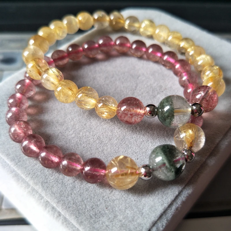 

Natural Gold Rutilated Quartz/Green Phantom Quartz/Strawberry Crystal Handmade Crystal Beaded Women's Bracelets Fine Jewelry