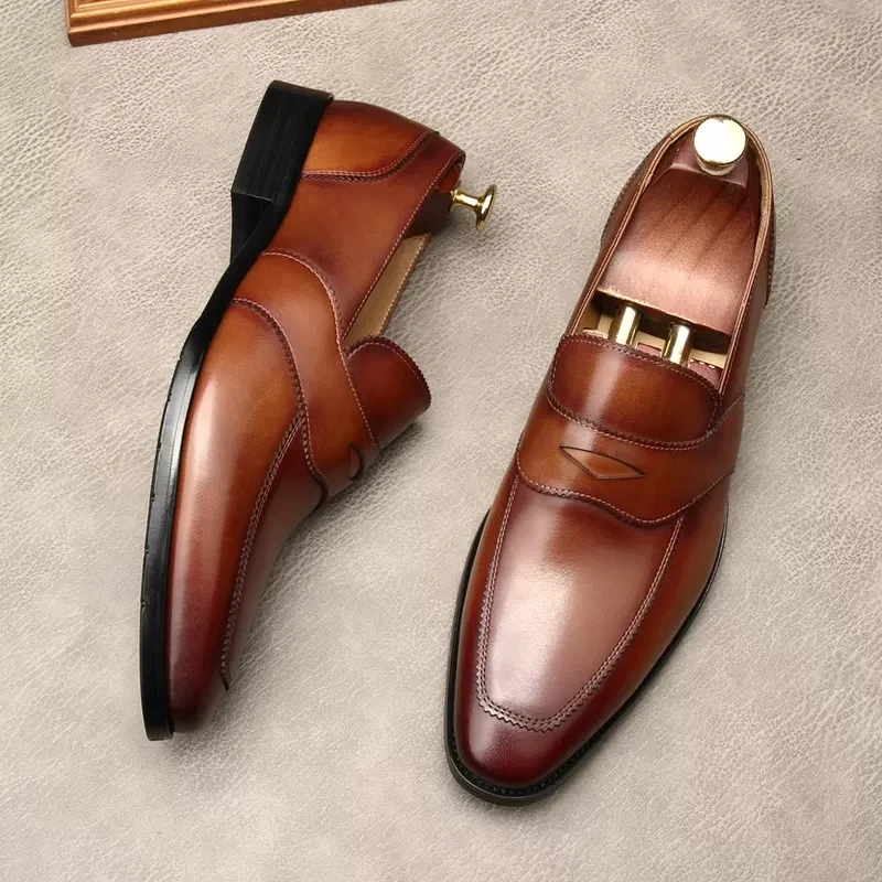 

Handmade Mens Wedding Oxford Shoe Black Khaki Genuine Leather Brogue Men's Dress Shoes Slip On Business Formal Black Man Loafers