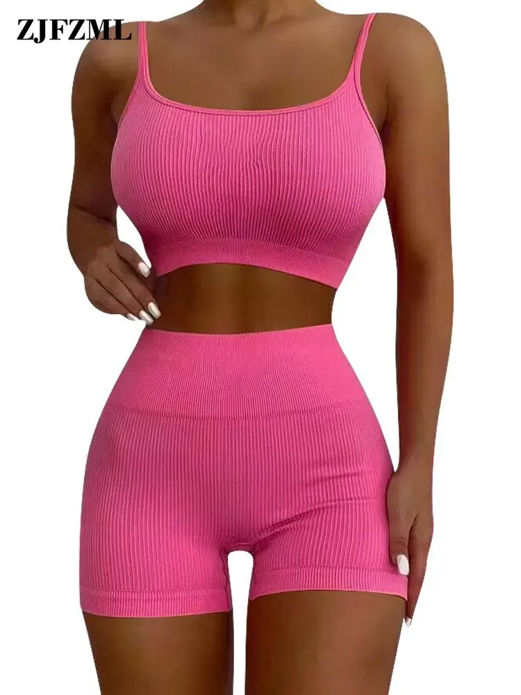 

Женский тренировочный короткий комплект из двух предметов, повседневный эластичный укороченный топ на бретелях-спагетти и облегающий короткий спортивный костюм