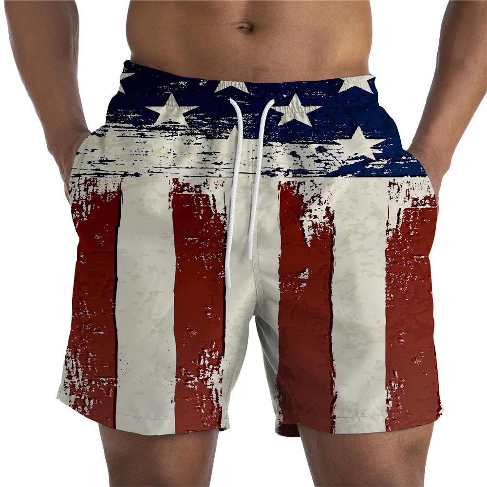 Latest Men's Street Casual Pants Painting Art 3D Printing Flag and Striped Board Shorts Summer Quick Drying Beach Swimming Short