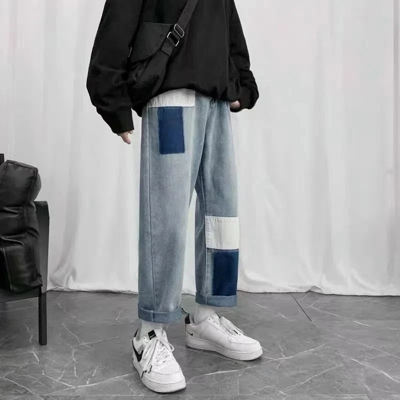 Men Jeans Patchwork Trendy Panelled Loose Leisure Chic Males Denim Straight Punk All-match Retro Trousers Baggy Cowboy Students