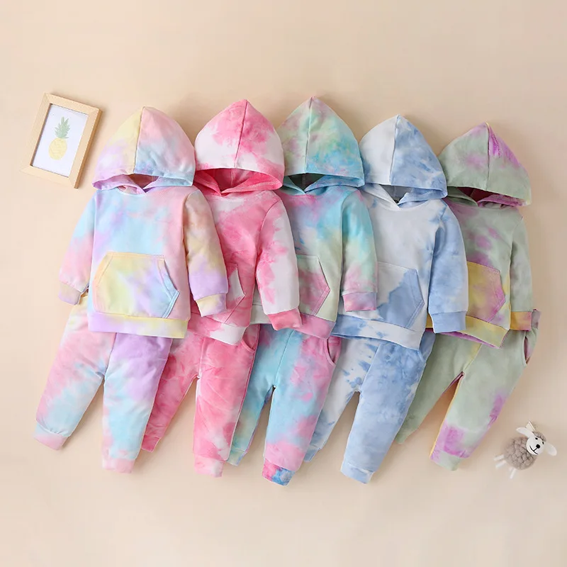 

Toddler Baby Girl Clothes Set Newborn Girls Outfit Tie Dye Print Hooded Pocket Sweatshirt+Pants Outfits Spring NewBorn Fashion