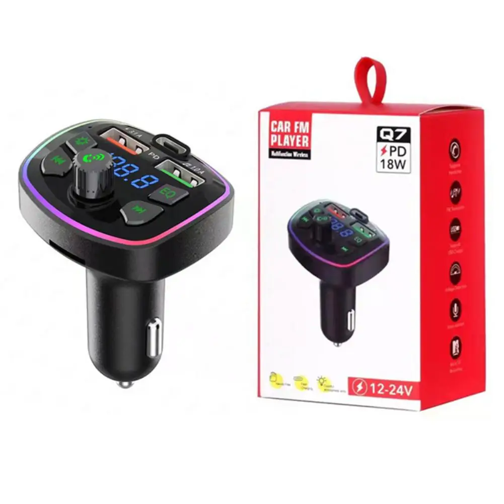 Bluetooth-compatible 5.0 Car FM Transmitter PD 18W Type-C Dual USB 4.2A Fast Charger Colorful Ambient Light Cigarette lighter images - 6