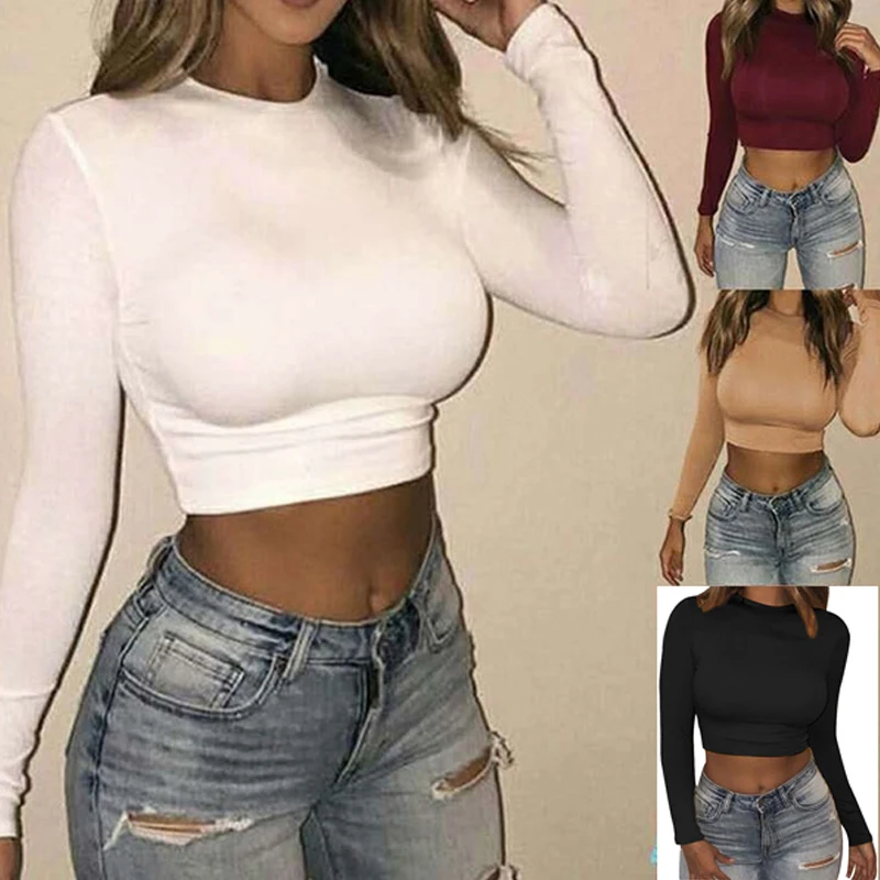 

Women Sexy Bodycon Blouse Autunmn Women Long Sleeve O-neck Crop Top Modis Sheath Blouse Fashion Autumn Solid Tops