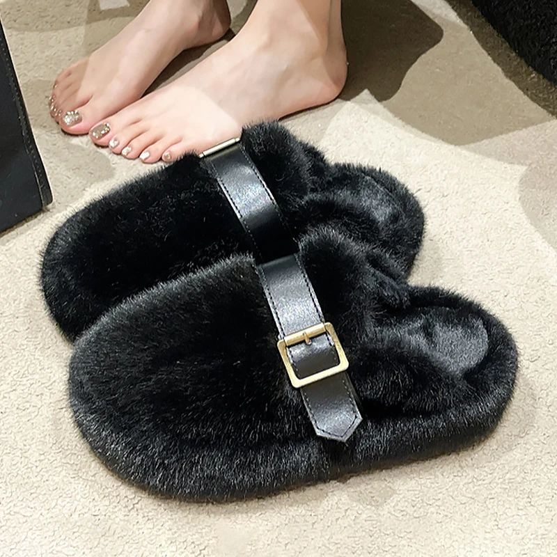 

Женские зимние короткие плюшевые хлопковые шлепанцы, ботинки на плоской платформе с ремешком на пятке, новинка 2024, дизайнерские брендовые меховые шлепанцы, повседневные женские ботинки