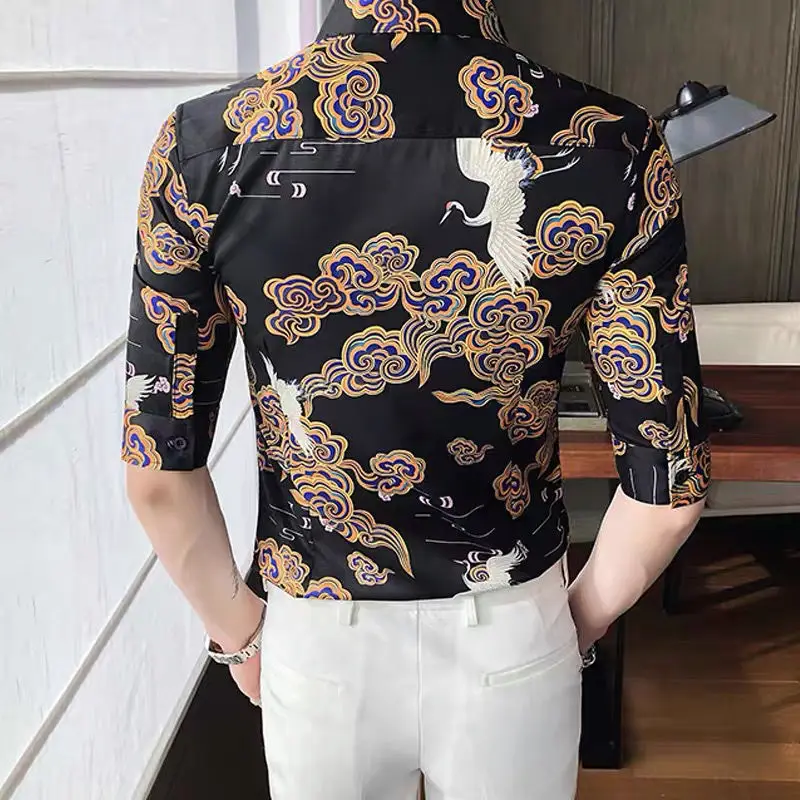 Spring and summer slim flying crane printed short sleeve shirt men's high sense seven sleeve Korean casual handsome shirt