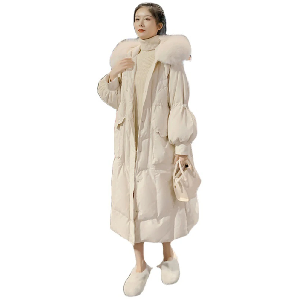 2022 Winter New Women's Thicken Warm Duck Down Coat Medium Long Korean White Loose Beautiful Hoodie Overcoat Hooded Snowwear