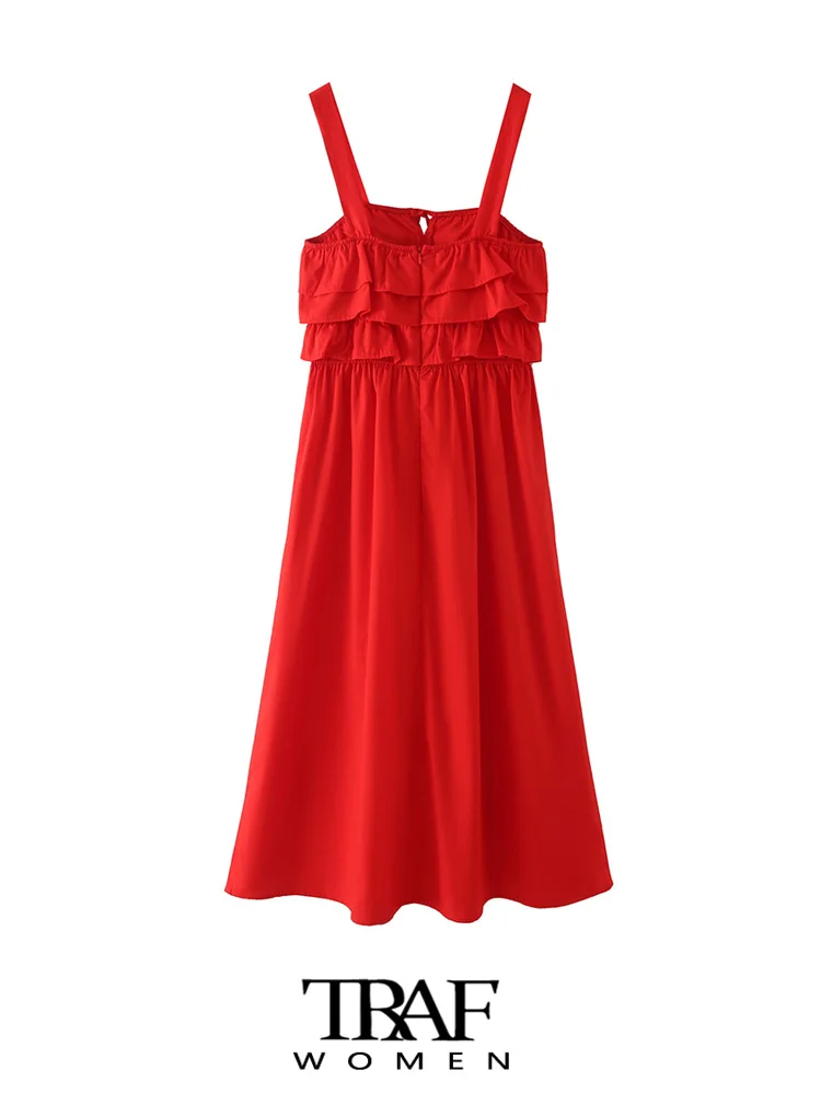 

TRAF Women Fashion With Tied Ruffled Midi Dress Vintage Backless Zipper Straps Female Dresses Vestidos Mujer