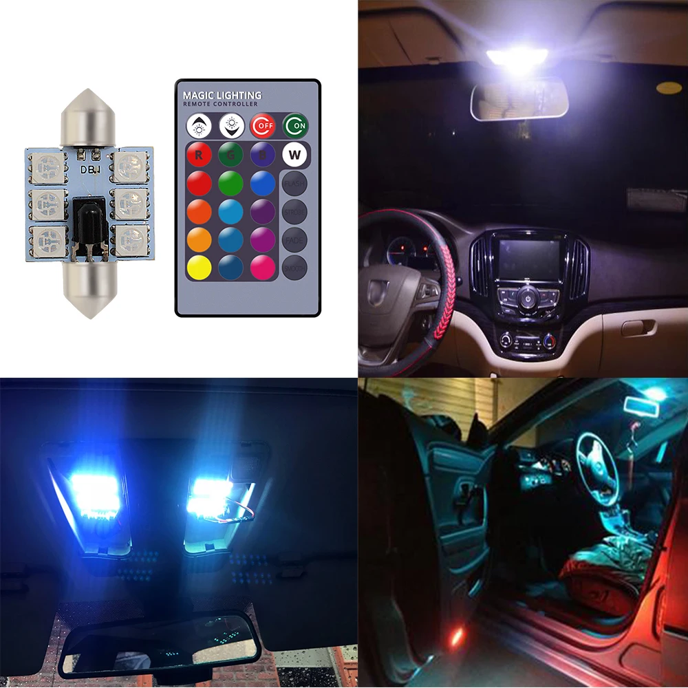 

2pc RGB Car Led C5W 36mm 5050 6SMD 12V Festoon Dome Door Multi Color Light Remote Controller Colorful Lamp Roof Trunk Wedge Bulb