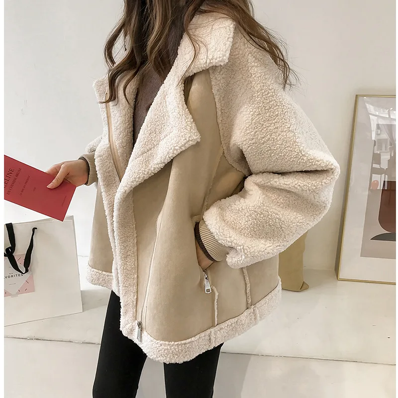 BHWYFC Plus Size Women's Jacket Large Lapel Thicke Short Faux Fur One-piece Sheep Plus Velvet lamb fleece Motorcycle Jacket