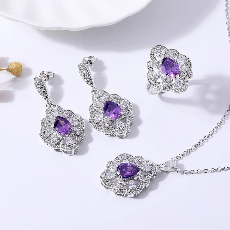 

5 colors pear square white zircon platinum plated costume jewelry for women stud earrings ring necklace bridal jewelry