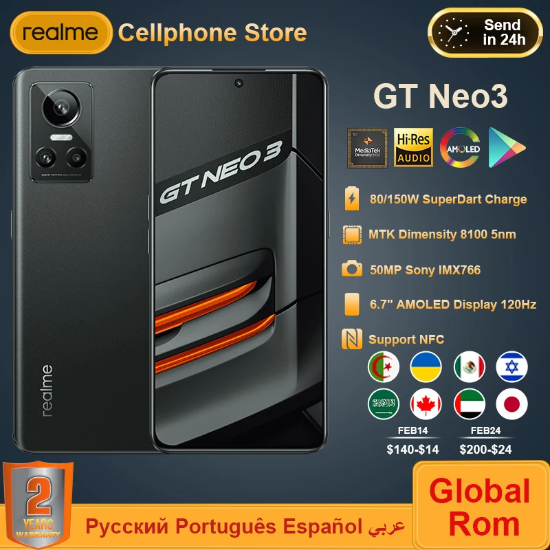 Global ROM realme GT NEO3 NEO 3 5G Mobile Phone 80/150W Super Charge Dimensity 8100 120HZ AMOLED 4500mAh NFC Game Smartphone